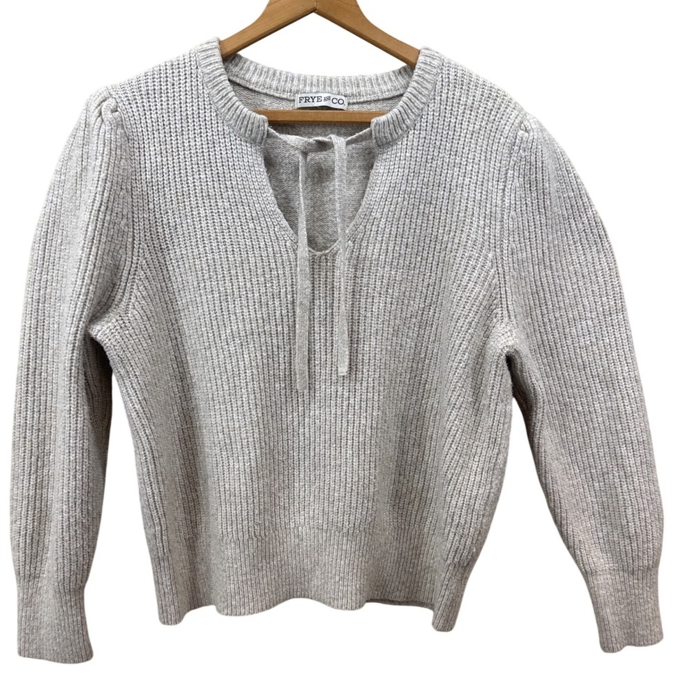 Frye and Co. Oatmeal Heather Ribbed Knit Tie Neck Puff Sleeve Sweater Large